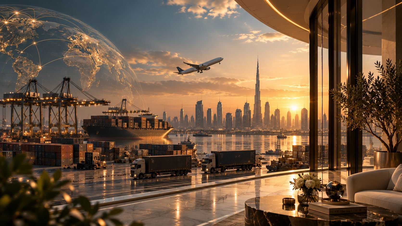 Shoolin International global distribution and Dubai skyline